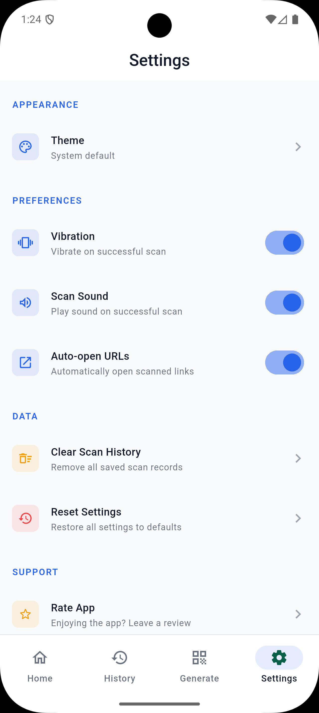 App settings screen