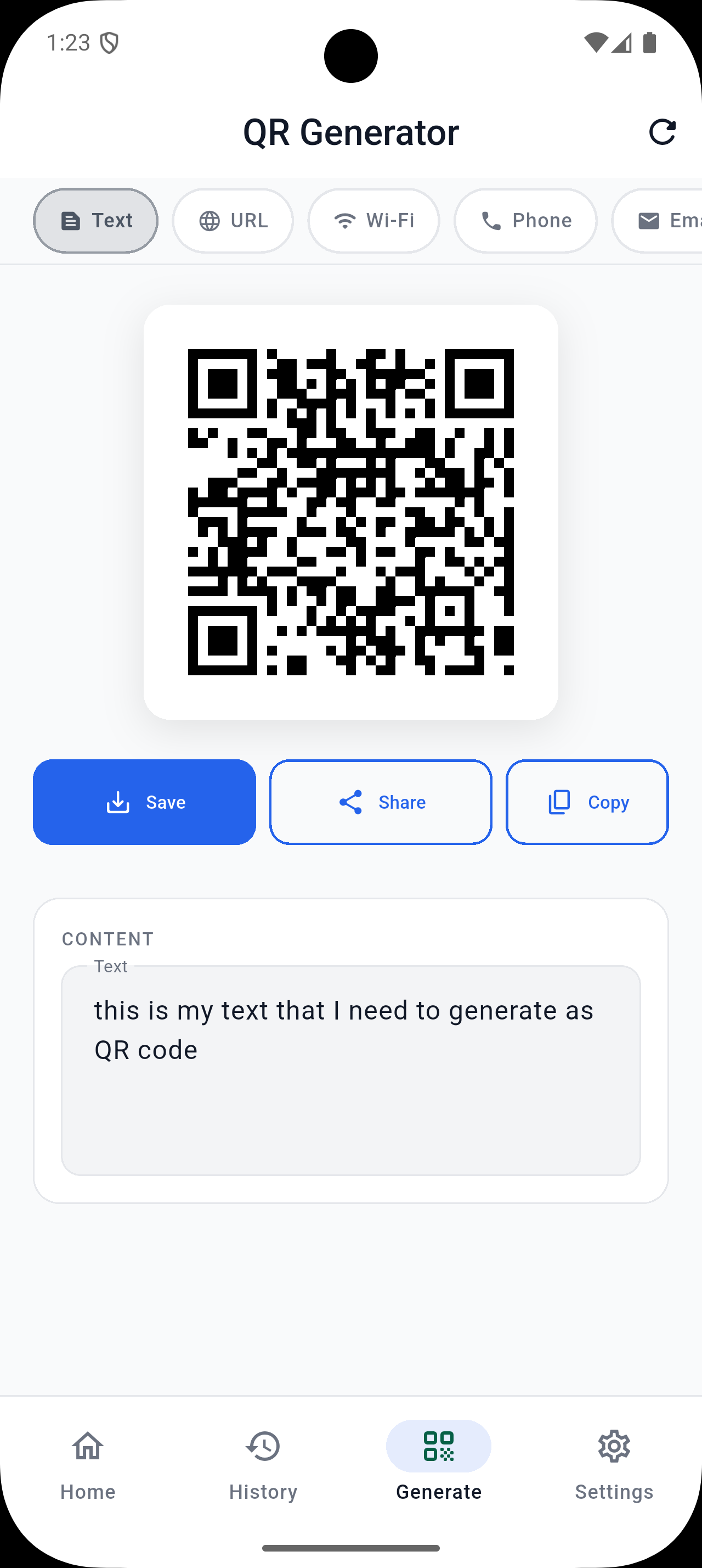 QR test generation preview screen