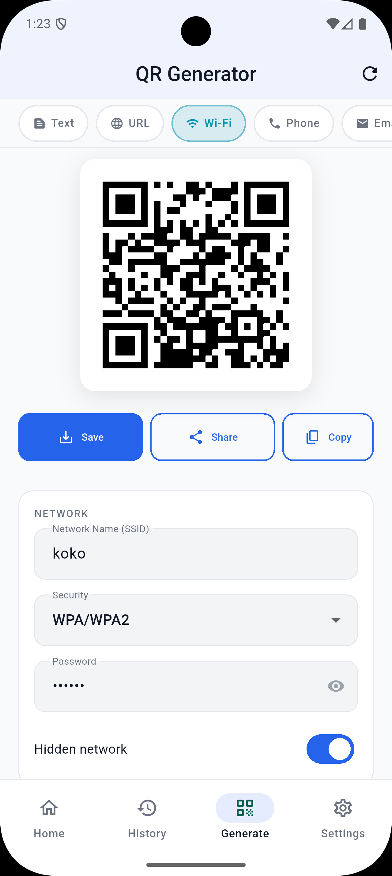 Wi-Fi QR generator screen